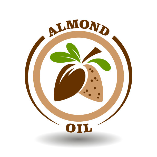 简单的圆形标志杏仁油与圆形半切坚果壳图标和绿色叶子标志的产品包含天然有机甜杏仁牛奶包装象形符号标志图片下载