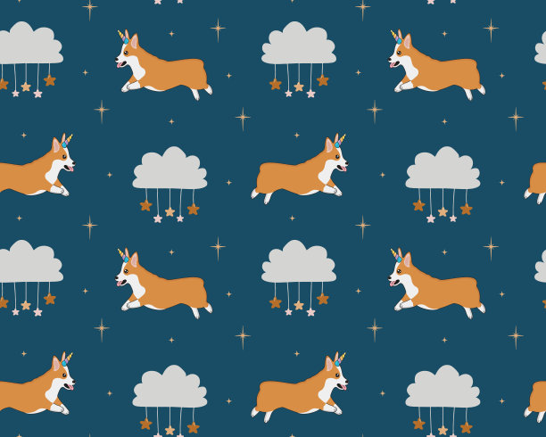 天衣无缝的幼稚图案与可爱的柯基狗与独角兽的角，云，星星。婴儿质地用于布料，包装，纺织品，墙纸，服装。矢量图图片下载