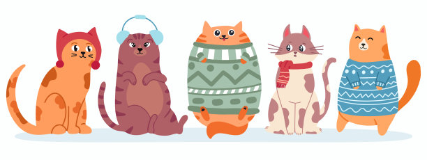 穿着毛衣的可爱猫咪。快乐的胖小猫新年和圣诞矢量横幅。圣诞家猫在围巾图片下载