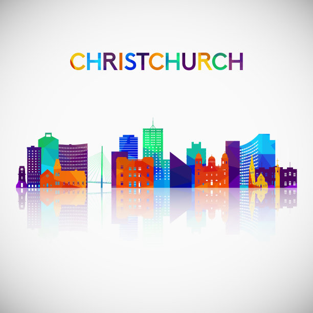 基督城天际线轮廓在多彩的几何风格。你的设计符号。矢量插图。图片下载