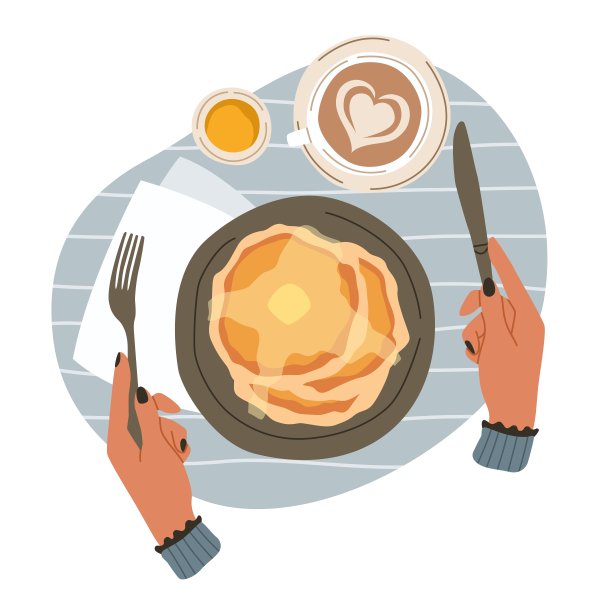 早餐和手。俯视图的早餐。卡通人物用刀叉吃早午餐。美味的煎饼或者一杯卡布奇诺。主人公在咖啡馆吃午饭。矢量图图片下载