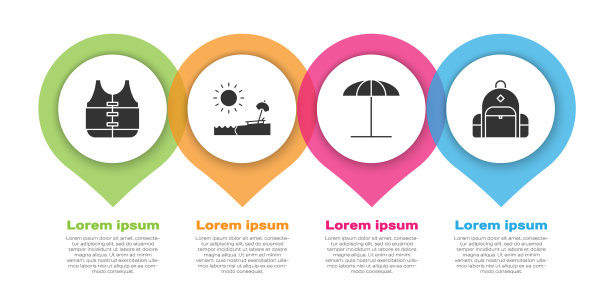 把救生衣和伞和椅子放在沙滩上图片下载