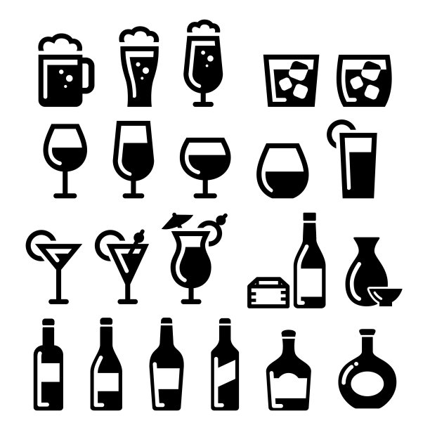 酒类图标插画集：啤酒、葡萄酒、鸡尾酒、清酒、白兰地、威士忌图片下载