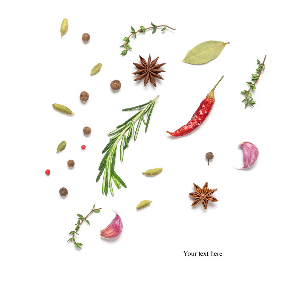 各种香料和调味料孤立在白色背景上。创造性的布局。烹饪概念。俯视图，平铺，图片下载