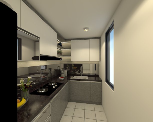 现代和工业室内厨房设计与极简橱柜和豪华电器图片下载