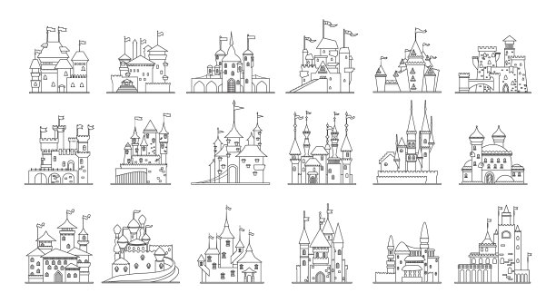 中世纪城堡轮廓设置图标孤立图片下载