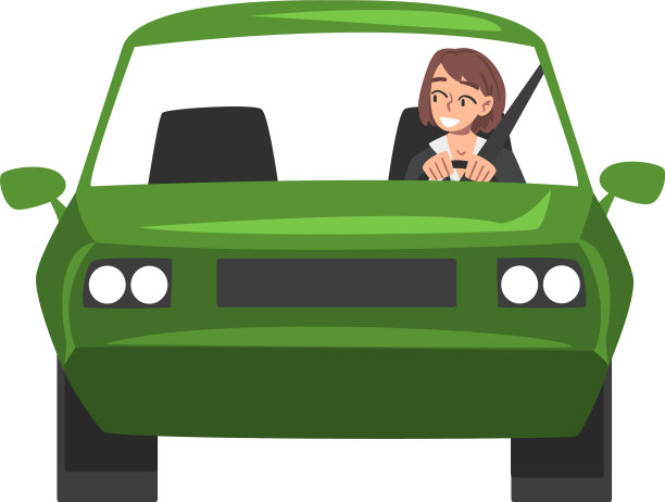 年轻女子骑着绿色轿车正面观图片下载