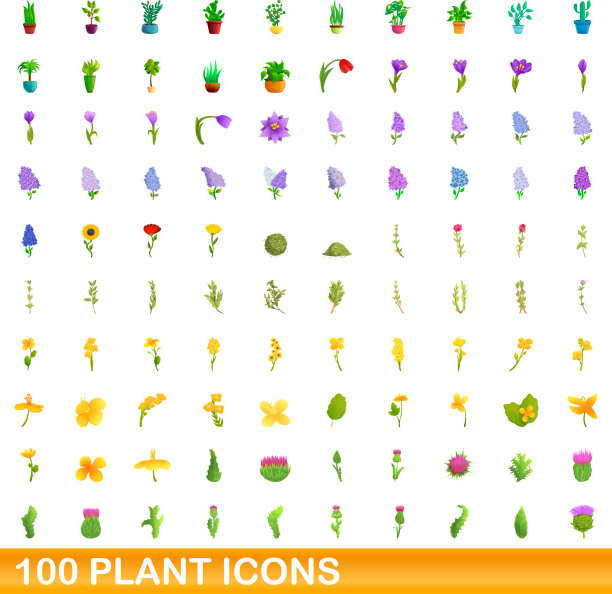 100个植物图标设置卡通风格图片下载