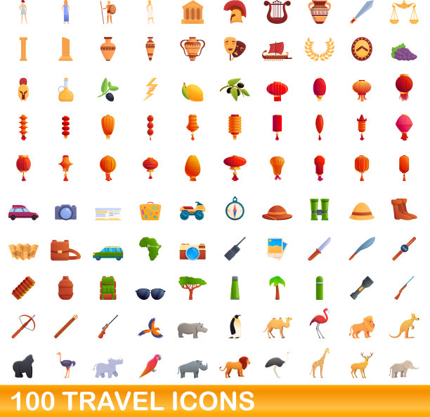 100旅行图标设置卡通风格图片下载
