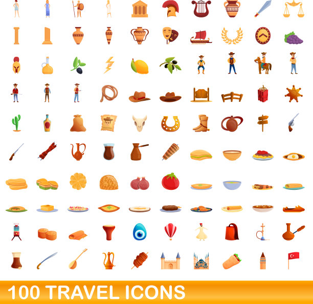 100旅行图标设置卡通风格图片下载