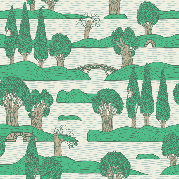 用树、岛、水绘制无缝图案图片下载