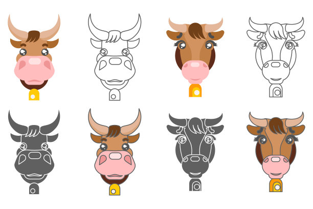 牛和牛的动物头图标设计集图片下载