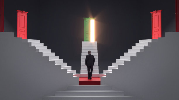 商人走上楼梯，为事业发展的机会或商业决策的新挑战，成功和成就概念，3d渲染图片下载