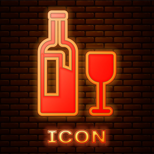 发光的霓虹灯酒瓶与玻璃图标隔离图片下载