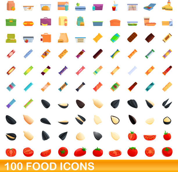 100个食物图标设置卡通风格图片下载