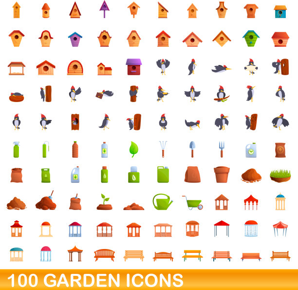 100个花园图标设置卡通风格图片下载