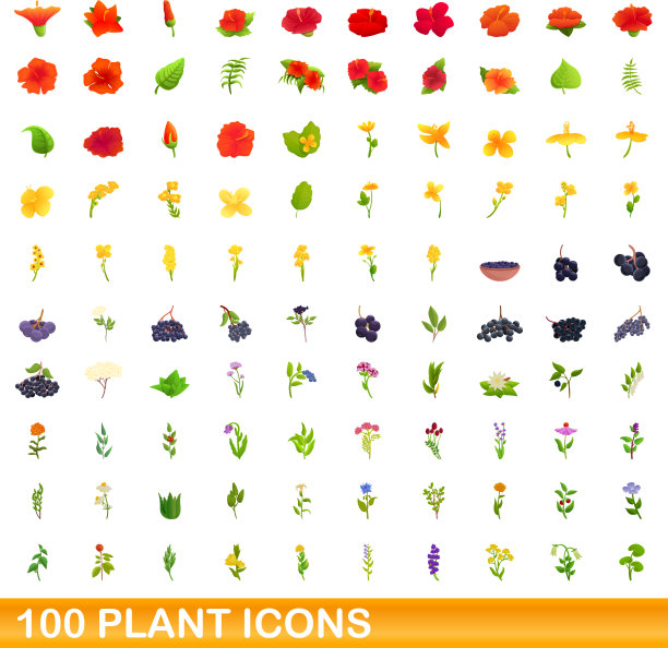 100个植物图标设置卡通风格图片下载