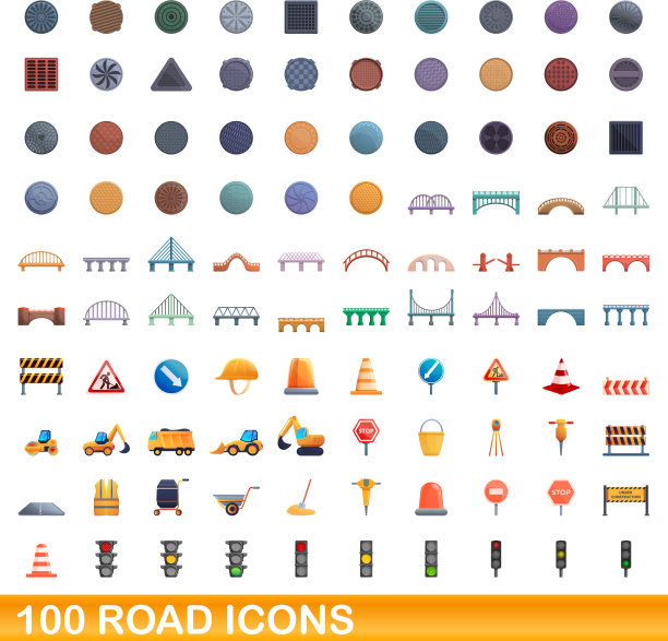 100个道路图标设置卡通风格图片下载