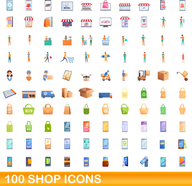 100个商店图标设置卡通风格图片下载