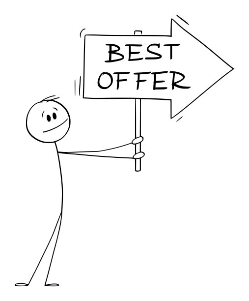 人或商人持有最好的报价箭头标志和指向的东西，矢量卡通棍人物插图图片下载