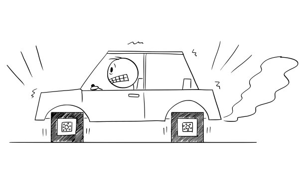 驾驶员试图驾驶汽车与方形车轮，问题，技术的缺点或弱点，矢量卡通Stick Figure插图图片下载