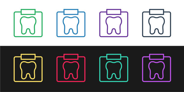 设置线x射线牙齿图标隔离在黑色和图片下载