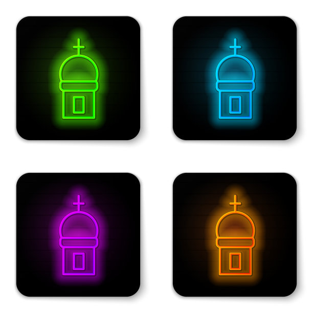 发光的霓虹线基督教教堂塔图标图片下载