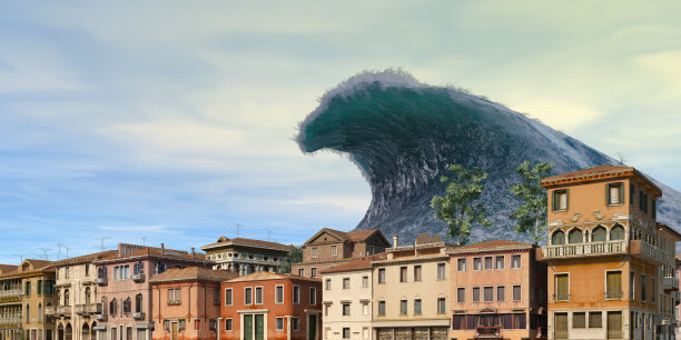 海啸波启示水视图城市洪水风暴。3D插图图片下载