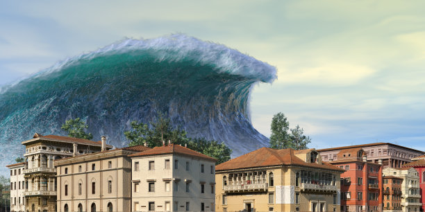 海啸波启示水视图城市洪水风暴。3D插图图片下载