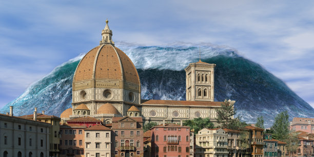 海啸波启示水视图城市洪水风暴。3D插图图片下载