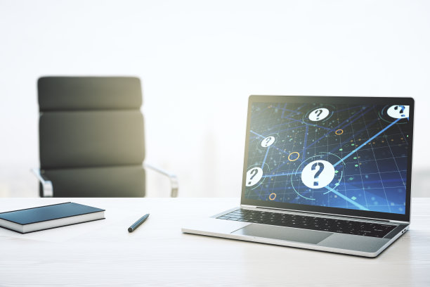 创意抽象问号全息图对现代电脑显示器，未来技术的概念。三维渲染图片下载