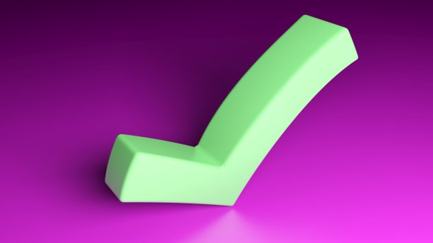 绿色检查标志在紫色的背景- 3D渲染插图图片下载