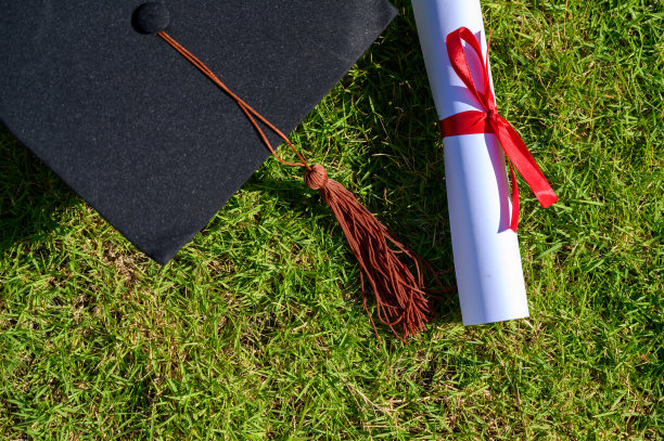 黑帽和大学毕业生证书被放在绿叶上。图片下载