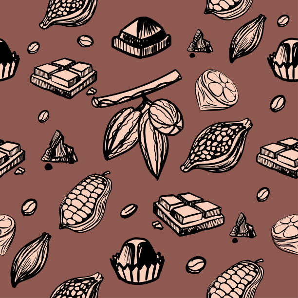 干燥和新鲜的可可水果无缝图案。巧克力糖果和可可豆。图片下载