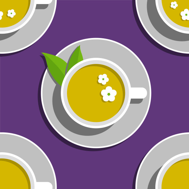 一杯白花绿叶的绿茶，在一个紫色的底色背景上无缝图案图片下载