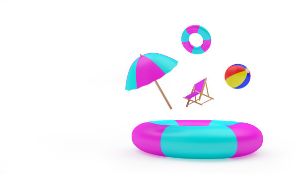 一把带太阳躺椅的沙滩伞和一个球掉进了救生圈图片下载