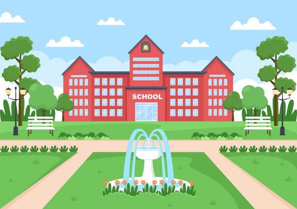 回到学校，现代建筑和景观前院绿草和树木。背景登陆页插图图片下载