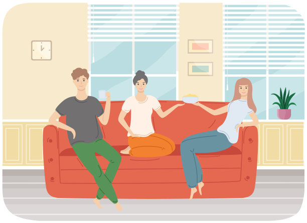 女孩吃爆米花，男孩喝茶。朋友一起放松在客厅矢量插图图片下载