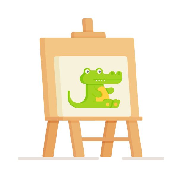 矢量插图孤立的画架与鳄鱼绘图。艺术家的元素。旗帜为绘画学校。画架和色彩丰富的调色板与颜料，画笔。图片下载