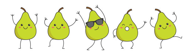 卡通人物跳舞梨快乐情绪设置图标标志矢量插图。图片下载