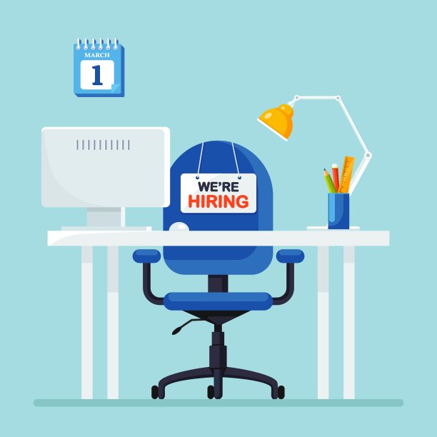 招聘。办公室内设办公桌，空椅子，电脑，笔记本电脑，文件，台灯。工作场所为工人，雇员。人力资源,人力资源。招聘员工。工作面试。矢量平面设计图片下载