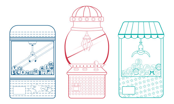 娃娃柜的经营理念。钱在爪鹤机游戏。矢量插图孤立在白色背景。行图标集。图片下载