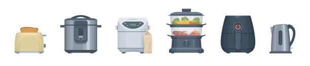 平底烹饪用具套装。烤面包机、水壶等。矢量图图片下载