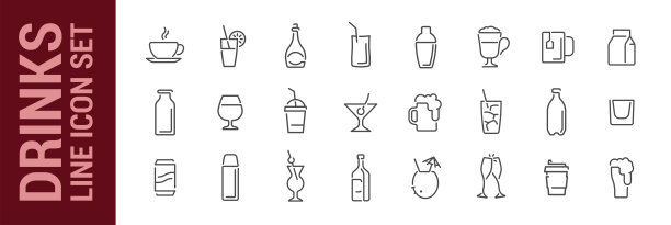 饮料线图标设置。孤立的图标集。酒精，鸡尾酒，热饮和冷饮。矢量图图片下载