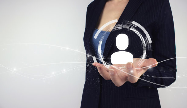 人力资源人力资源管理理念。手持数字全息人在灰色背景，业务组织和员工层次。图片下载