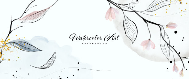 抽象背景水彩温柔的花叶子和金色的水滴图片下载