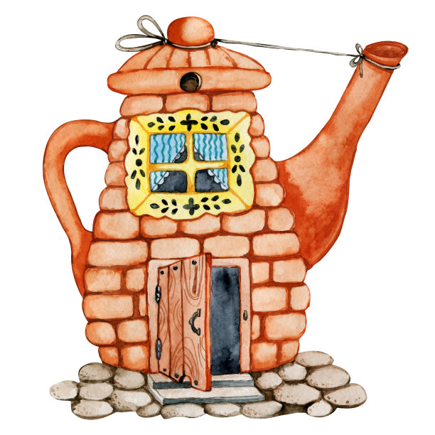 花园里的茶馆，带门窗的卡通茶壶。手绘水彩插图孤立的白色背景。温馨的家，茶会，仪式，厨房用具图片下载