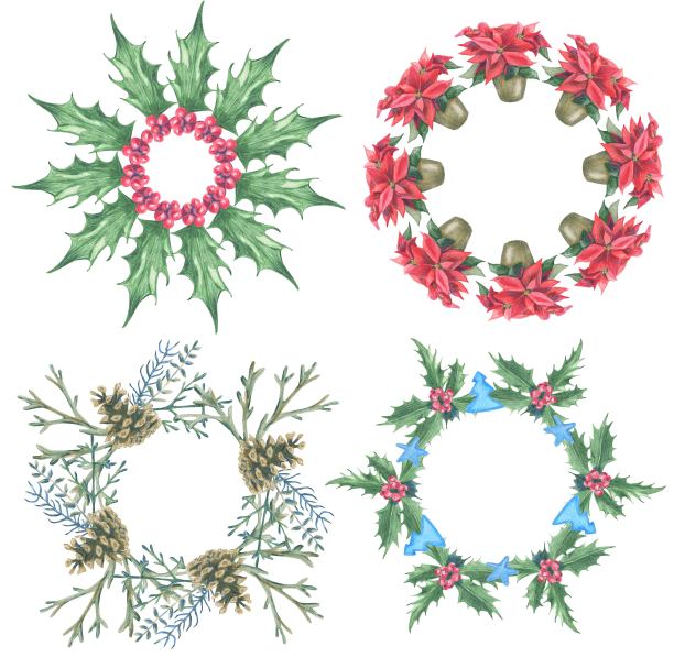 收集花环的圣诞节装饰。球果、冬青、一品红及枝干。蓝色、绿色和红色的物体。用彩色铅笔手绘素描。图片下载