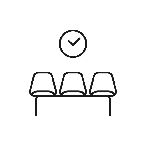 等候室图标。黑色厚的轮廓。三个空椅子。墙上的钟。矢量插图，平面设计图片下载