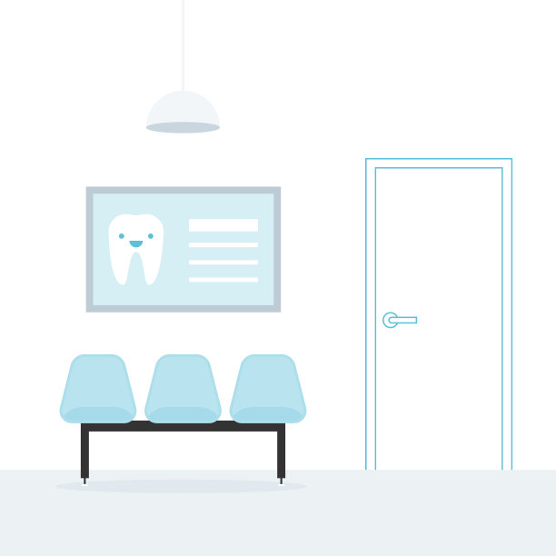 等候室。牙医。三个蓝色的空椅子。墙上有一张海报。天花板灯。线性的门。医学的约会。矢量插图，平面设计图片下载